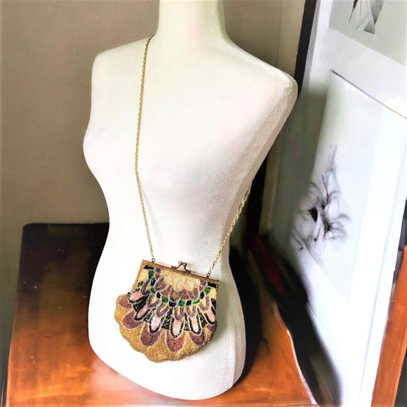 Vintage Dazzling Peacock-like Design Vibrant Beaded Evening Bag Excellent Cond - Picture 5 of 5